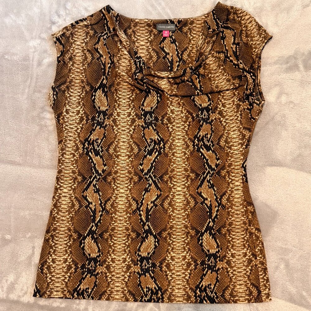 Vince Camuto Boa Snake Print Cowl Neck Blouse Tan Black Medium Sleeveless